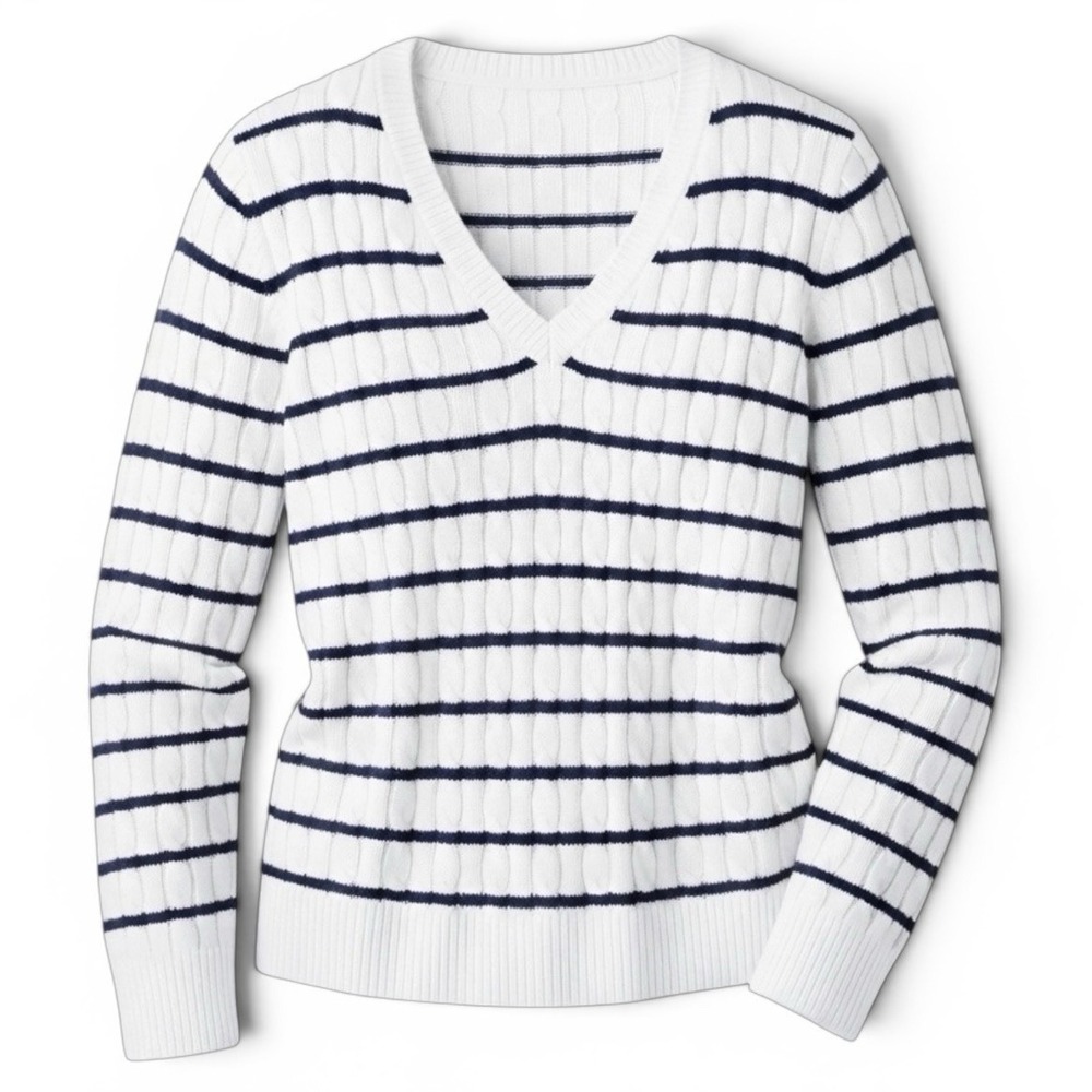 Talbots Women's Petite Small Black and White Stripes Long Sleeve Knit V Neck Top